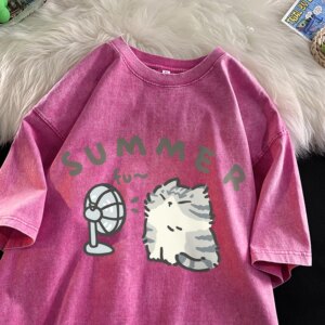 "Chill Mode" Cat Fan Vintage Wash Tee (Y2K Pink)