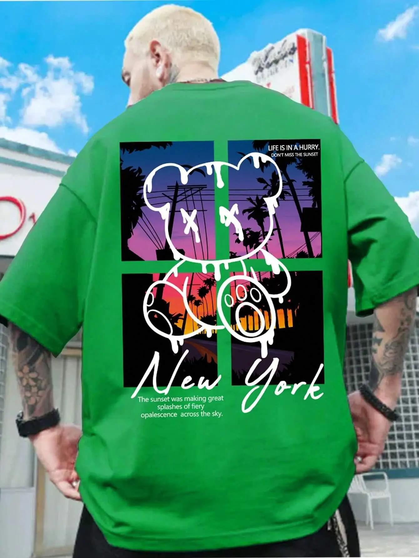 "Grungy NY Drip" Sunset Bear Oversized Tee - Image 3