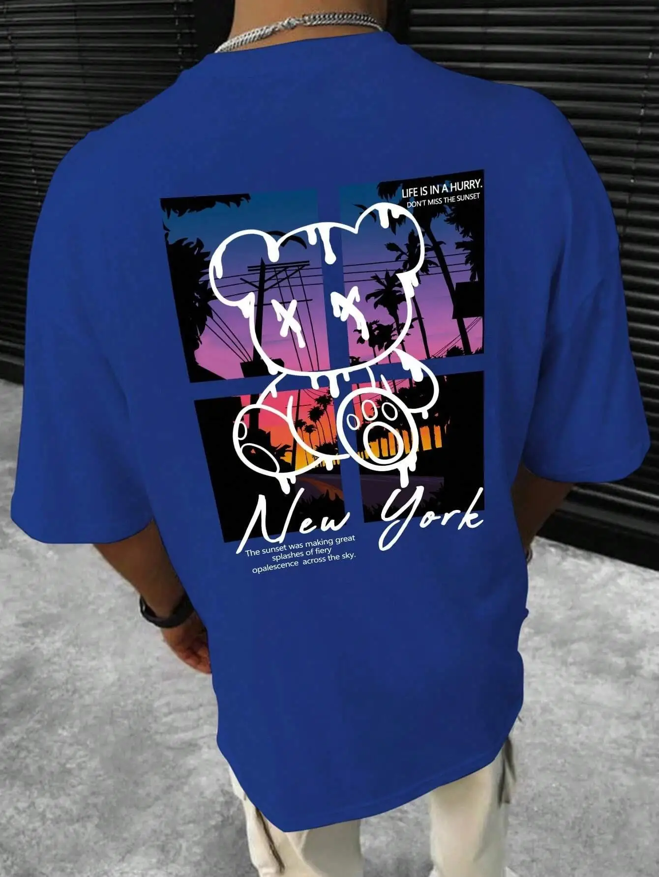 "Grungy NY Drip" Sunset Bear Oversized Tee - Image 4