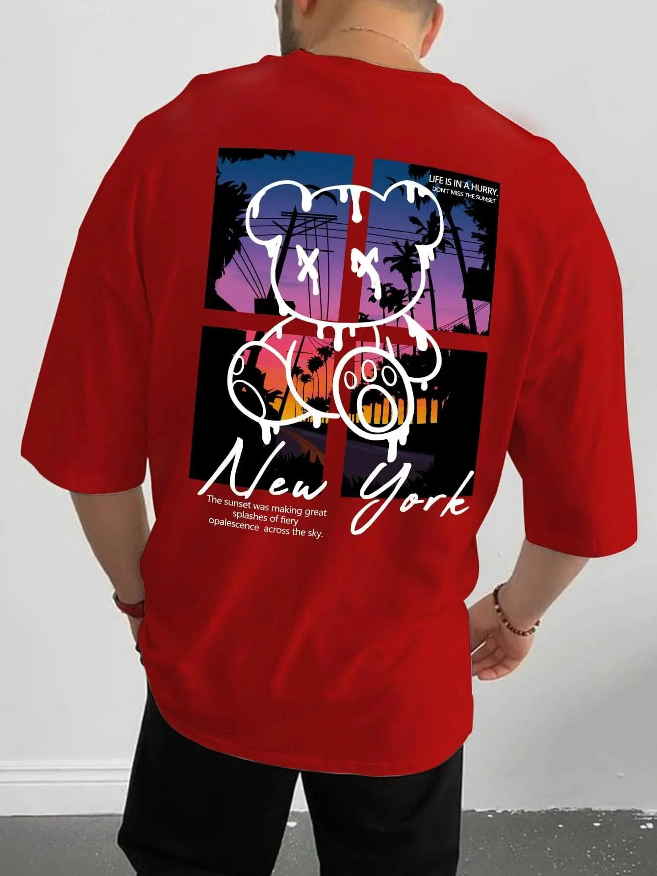 "Grungy NY Drip" Sunset Bear Oversized Tee - Image 5
