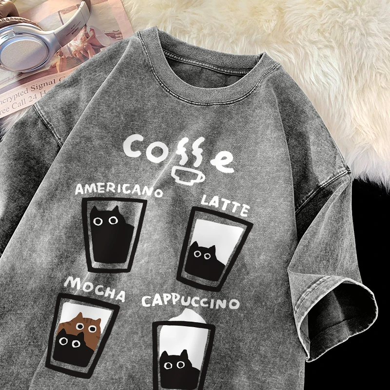 "Cat-feinated" Vintage Wash Coffee Cat Graphic Tee