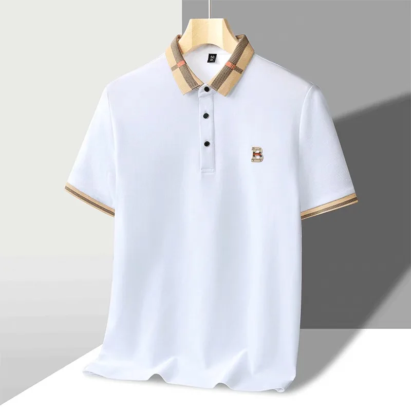 High-End Plaid Collar Silk Cotton Polo Shirt