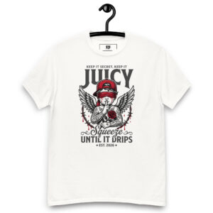 Edgy Y2K streetwear graphic tee featuring a blindfolded tattooed angel holding a finger to its lips and a red rose, surrounded by dripping barbed wire and text reading KEEP IT SECRET KEEP IT JUICY SQUEEZE UNTIL IT DRIPS.
