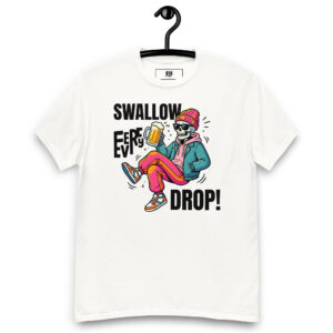 A Y2K streetwear graphic tee featuring a cool skeleton in a neon pink beanie, teal jacket, and chunky sneakers holding a frothy beer, with bold text reading SWALLOW EVERY DROP.